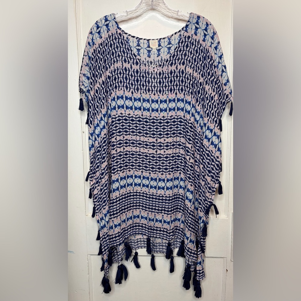 Surf Gypsy Swim Coverup Tassel Tunic Tie Dyed Print Blue Pink White NWT Sz L